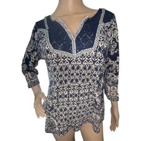 Lucky Brand Boho 3/4 Sleeve Loose Fit T-Shirt With Crochet Detail - Picture 1 of 5